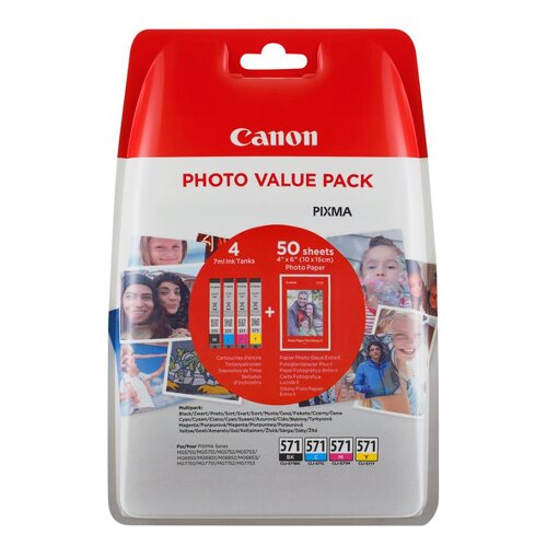 Canon CLI571 Pacote com 4 cartuchos de tinta originais - 50 folhas de papel fotográfico - 0386C006 - Canon 0386C006