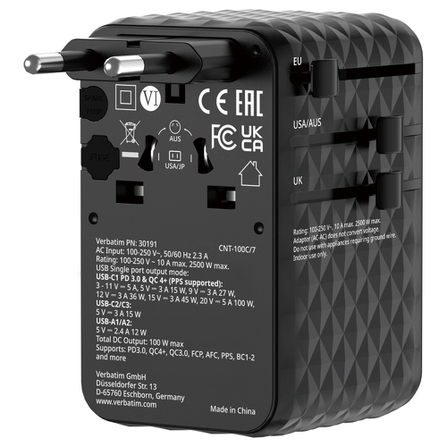 VERBATIM CARREGADOR ADAPT VIAGEM GANIII 2xUSB-C 2xUSB-A CABO RETRACT PD100W - Verbatim 30191