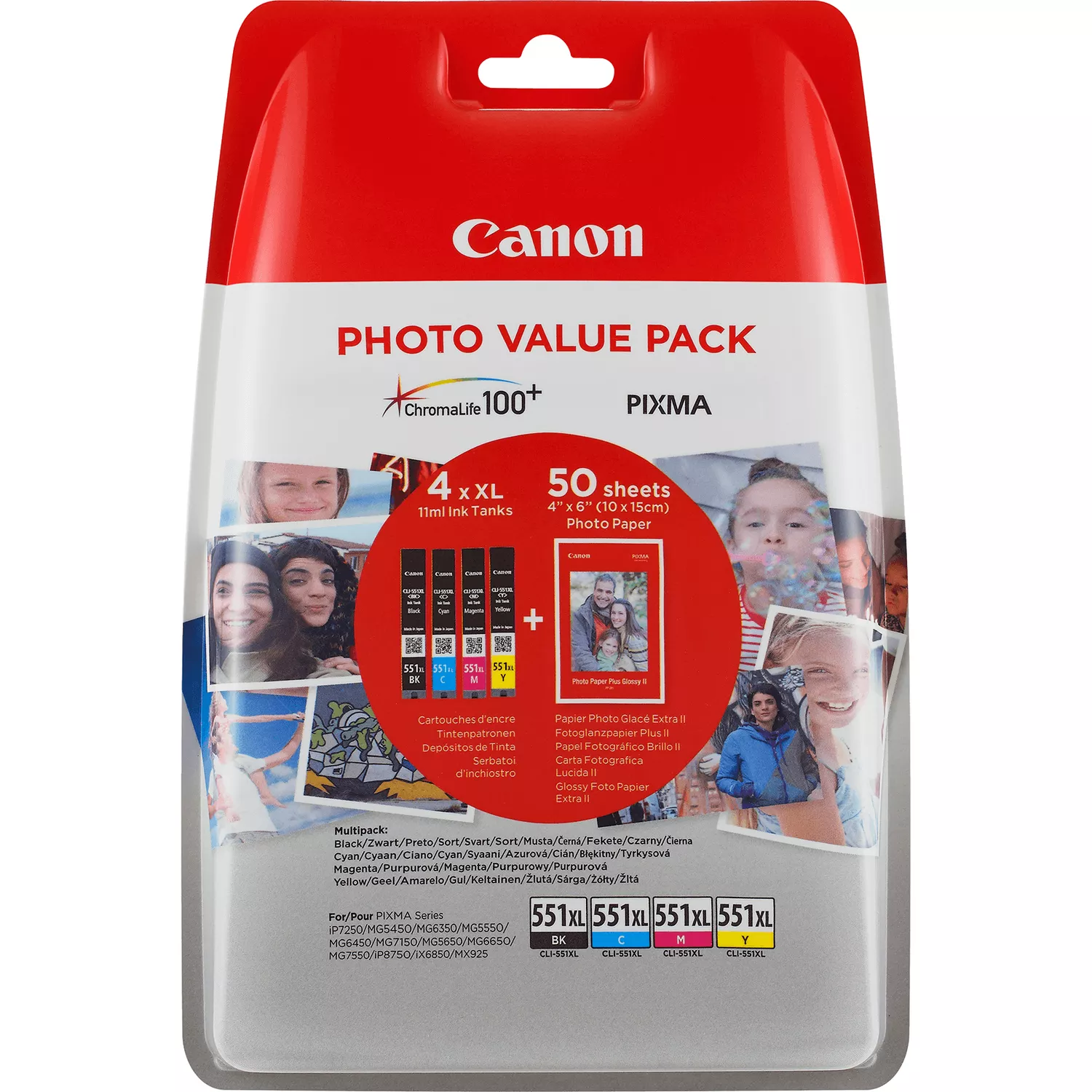 Pacote de 4 cartuchos de tinta originais Canon CLI551XL - 50 folhas de papel fotográfico - 6443B006 - Canon 6443B006
