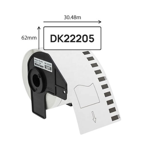 Etiquetas pré-cortadas compatíveis com DK-22205. Fita contínua de papel térmico (branca). Largura: 62mm. Comprimento: 30,48m - DK-22205C (Compatível)