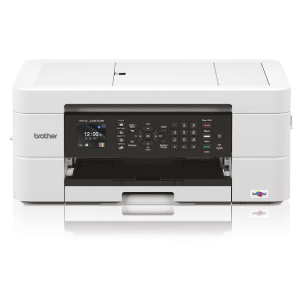 Impressora multifunções de tinta WiFi com fax, conexão móvel, impressão automática em frente e verso e alimentador de documentos. Cor branco - Brother MFC-J497DW