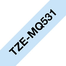 Fita laminada mate. Texto preto sobre fundo azul pastel. Largura: 12mm. Comprimento: 4m - Brother TZe-MQ531