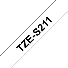 Fita laminada super adesiva. Texto preto sobre fundo branco. Largura: 9 mm. Comprimento: 8 m - Brother TZe-S211