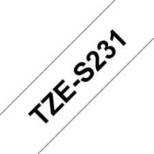 Fita laminada super adesiva. Texto preto sobre fundo branco. Largura: 12 mm. Comprimento: 8 m - Brother TZe-S231