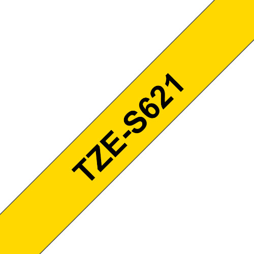 Fita laminada super adesiva. Texto preto sobre fundo amarelo. Largura: 9 mm. Comprimento: 8 m - Brother TZe-S621